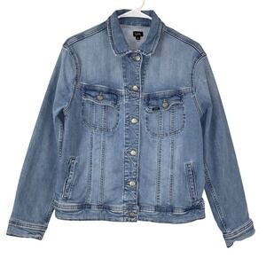 Lee Women's Medium Denim Jacket Trucker Style Blue Wash Button Front Long Sleeve